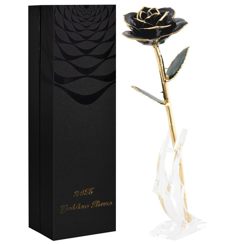 SW Rose Gifts for Women Forever Black Gold Dipped Rose 24k Gold Plated Eternal Flower Rose Birthsday for Her Mom Women Anniversary Valentines Day Mothers Day - Image 1